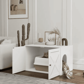 Cat Litter Box Enclosure With Barn Door, Cat Hole (Option: White)