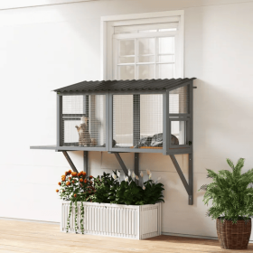 Wooden Cat Catio, Outdoor Cat Enclosure Window Perch With Jumping Platform (Option: Grey)