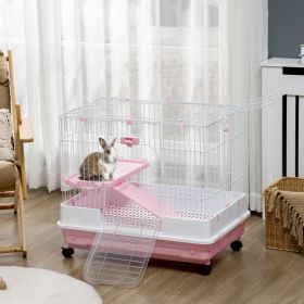 2-Level Small Animal Cage Rabbit Hutch with Wheels (Option: Pink-864x602x275 mm)