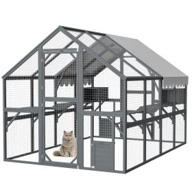 Extra Spacious Catio Outdoor Cat Haven, 110 Inch Luxury Cattery With Weather-Resistant Roof, Cat Climbing Ramp, Space Pod Bed, 2 Lounging Huts (Option: Gray)