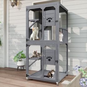 Catio Outdoor Cat Enclosure Window Access, 4 Tiers Cat House With Wheels, Resting Box & Waterproof Roof, Indoor Large Cat House Cage, Gray (Option: Grey)