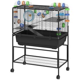 3 Tier Hamster Cage, Rolling Rat Cage With Deep Tray, Storage Shelf, Big Exercise Wheel, Hut, Tube System (Option: Black)