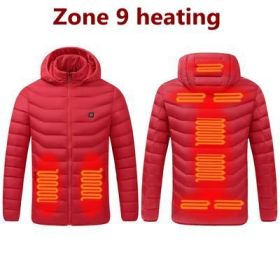 Men 9 Areas Heated Jacket USB Winter Outdoor Electric Heating Jackets Warm Sprots Thermal Coat Clothing Heatable Cotton jacket (Color: 9 Areas heated Red, size: M)