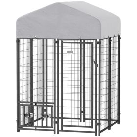 Welded Wire Outdoor Dog Kennel With 360 Rotating & 4 Levels Adjustable Bowls, Waterproof Cover, 3.9 X 3.9 X 6 (Option: Grey)